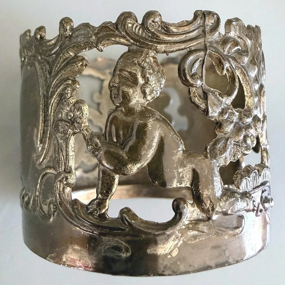 Antique Vienna‑Style Porcelain Cup w/ Ornate Silverplate Holder & Saucer